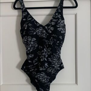 Profile By Gottex Black and Gray One Piece Swimsuit with Elegant Floral Design
